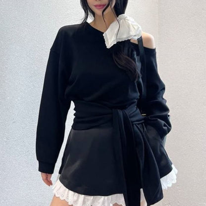Boat-Neck Knotted Plain Pullover & Lace-Trimmed Mini Skirt