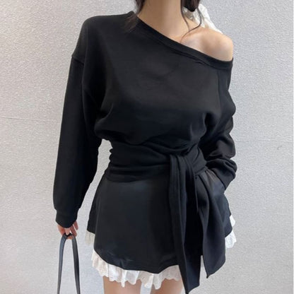 Boat-Neck Knotted Plain Pullover & Lace-Trimmed Mini Skirt