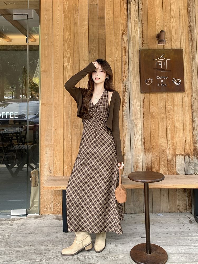 Plain Cropped Cardigan / Halter Plaid Maxi Sundress