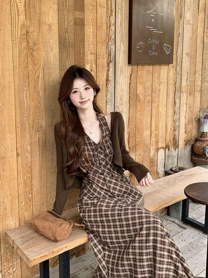 Plain Cropped Cardigan / Halter Plaid Maxi Sundress