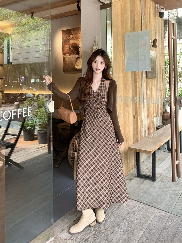 Plain Cropped Cardigan / Halter Plaid Maxi Sundress