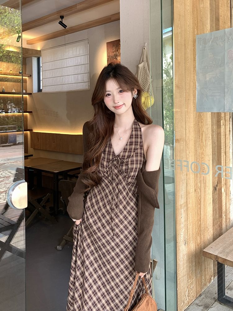 Plain Cropped Cardigan / Halter Plaid Maxi Sundress