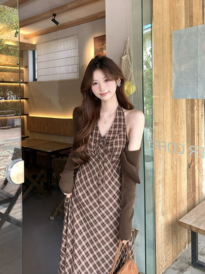 Plain Cropped Cardigan / Halter Plaid Maxi Sundress