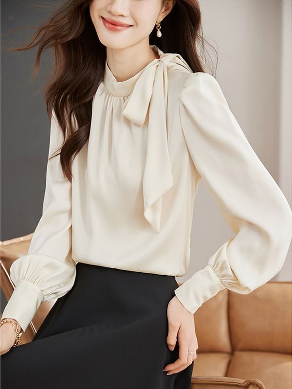 Plain Tie-Neck Long-Sleeved Blouse