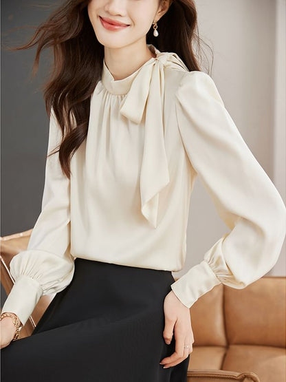 Plain Tie-Neck Long-Sleeved Blouse