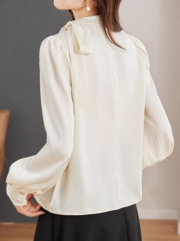 Plain Tie-Neck Long-Sleeved Blouse