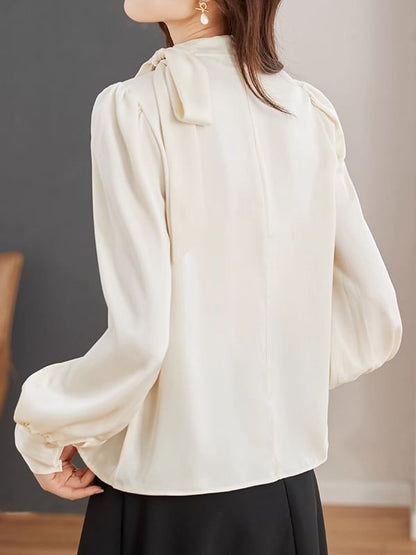 Plain Tie-Neck Long-Sleeved Blouse