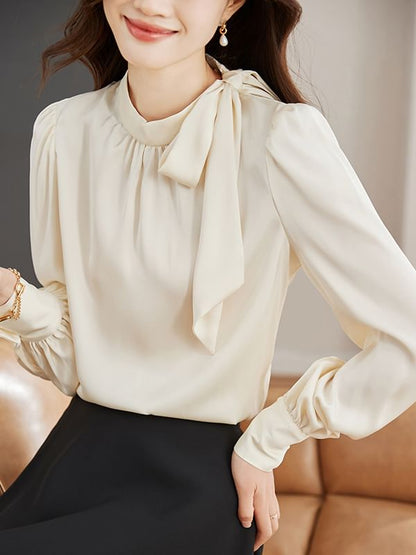Plain Tie-Neck Long-Sleeved Blouse