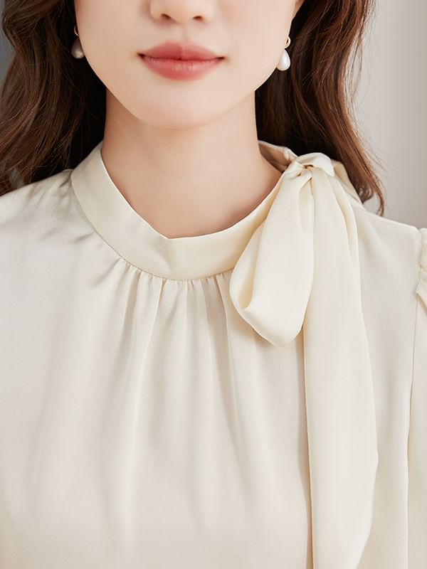 Plain Tie-Neck Long-Sleeved Blouse