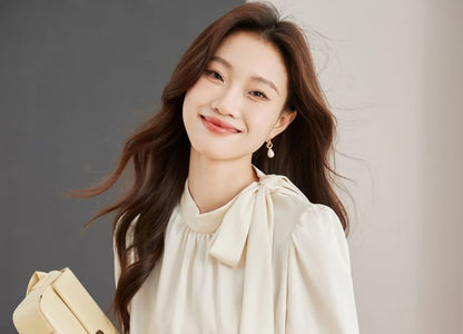 Plain Tie-Neck Long-Sleeved Blouse