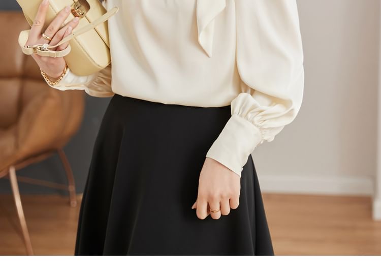 Plain Tie-Neck Long-Sleeved Blouse
