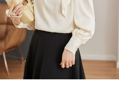 Plain Tie-Neck Long-Sleeved Blouse