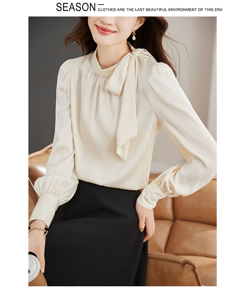 Plain Tie-Neck Long-Sleeved Blouse