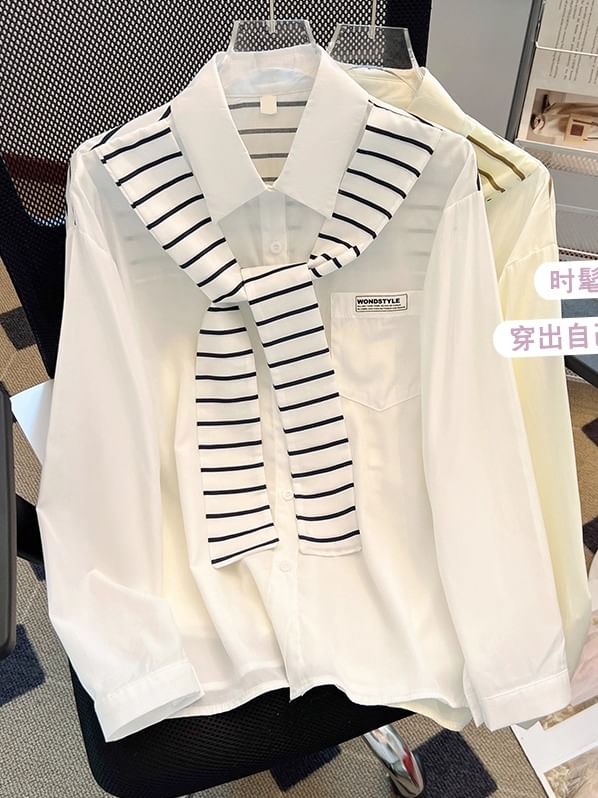 Striped Panel Collared Long-Sleeved Shirt