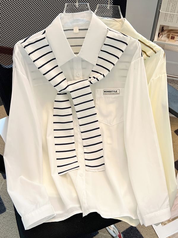 Striped Panel Collared Long-Sleeved Shirt