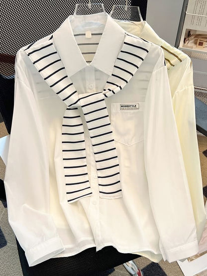 Striped Panel Collared Long-Sleeved Shirt