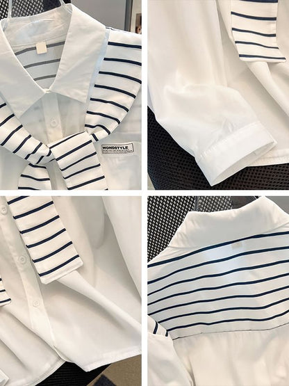 Striped Panel Collared Long-Sleeved Shirt