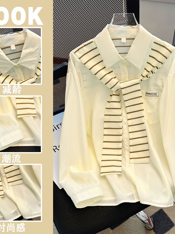Striped Panel Collared Long-Sleeved Shirt