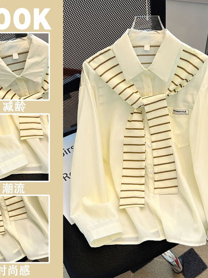 Striped Panel Collared Long-Sleeved Shirt