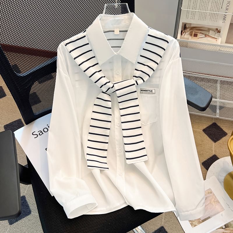 Striped Panel Collared Long-Sleeved Shirt