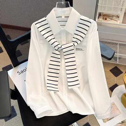Striped Panel Collared Long-Sleeved Shirt