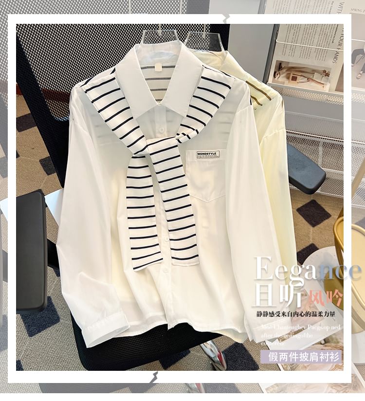 Striped Panel Collared Long-Sleeved Shirt