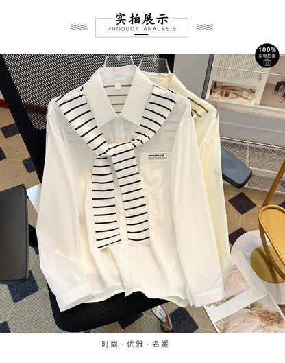 Striped Panel Collared Long-Sleeved Shirt