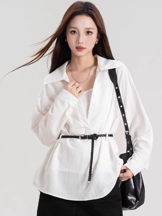 Plain V-Neck Collared Tie-Waist Long-Sleeved Blouse
