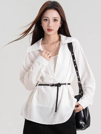 Plain V-Neck Collared Tie-Waist Long-Sleeved Blouse