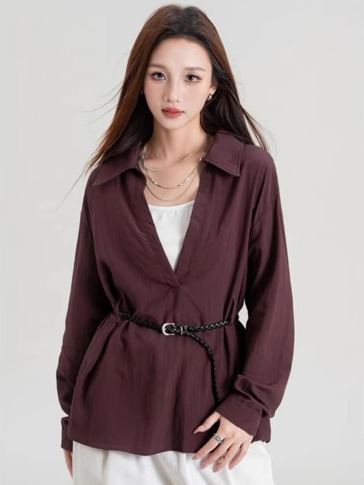 Plain V-Neck Collared Tie-Waist Long-Sleeved Blouse