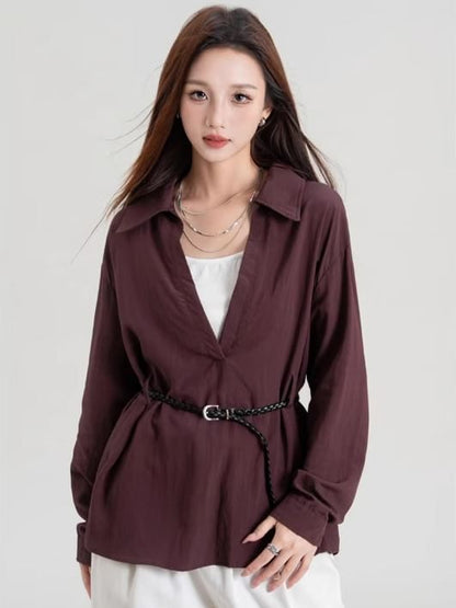 Plain V-Neck Collared Tie-Waist Long-Sleeved Blouse