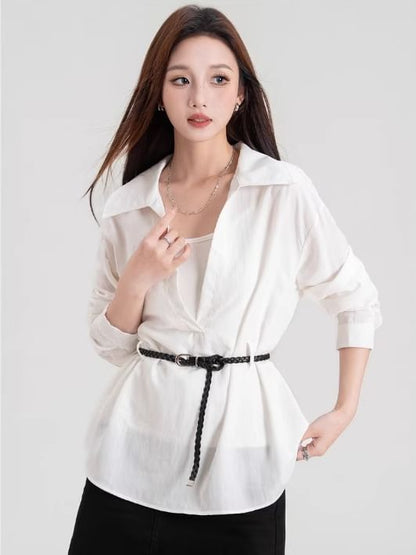 Plain V-Neck Collared Tie-Waist Long-Sleeved Blouse