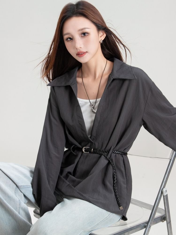Plain V-Neck Collared Tie-Waist Long-Sleeved Blouse