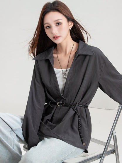 Plain V-Neck Collared Tie-Waist Long-Sleeved Blouse