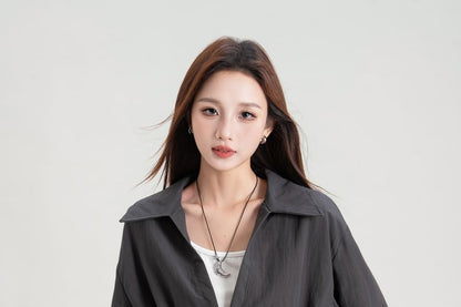 Plain V-Neck Collared Tie-Waist Long-Sleeved Blouse