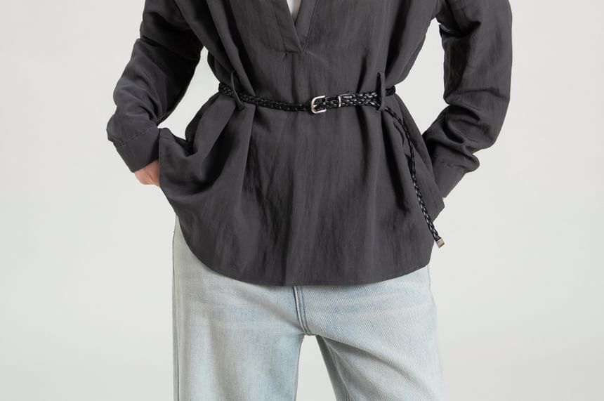 Plain V-Neck Collared Tie-Waist Long-Sleeved Blouse