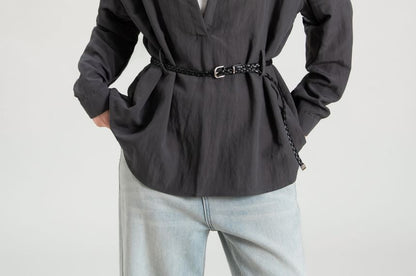 Plain V-Neck Collared Tie-Waist Long-Sleeved Blouse