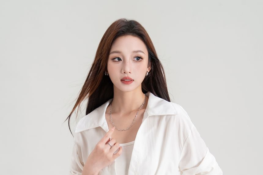Plain V-Neck Collared Tie-Waist Long-Sleeved Blouse