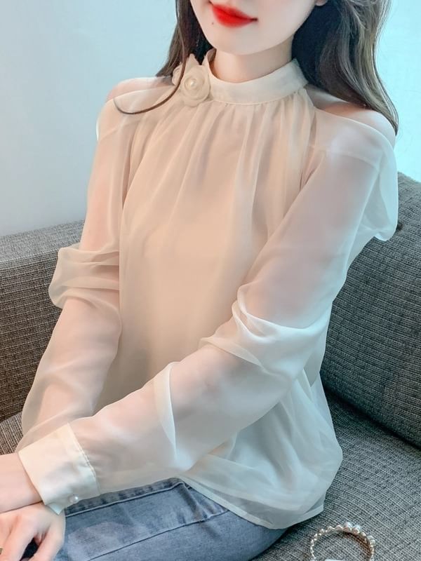 Plain Cold-Shoulder Long-Sleeved Blouse
