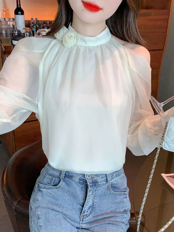 Plain Cold-Shoulder Long-Sleeved Blouse