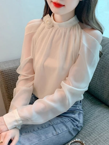 Plain Cold-Shoulder Long-Sleeved Blouse