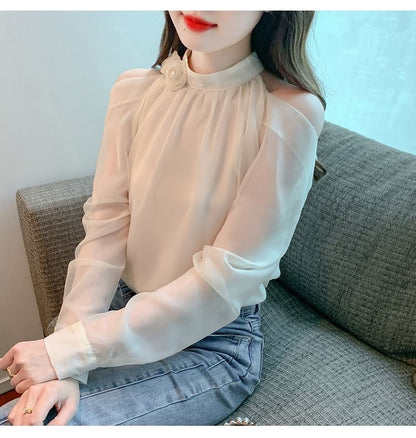 Plain Cold-Shoulder Long-Sleeved Blouse