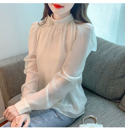 Plain Cold-Shoulder Long-Sleeved Blouse