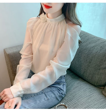 Plain Cold-Shoulder Long-Sleeved Blouse