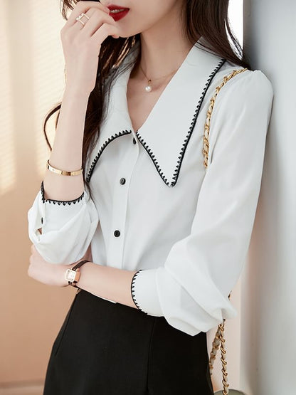 Contrast-Trim Button-Up Collared Long-Sleeved Shirt