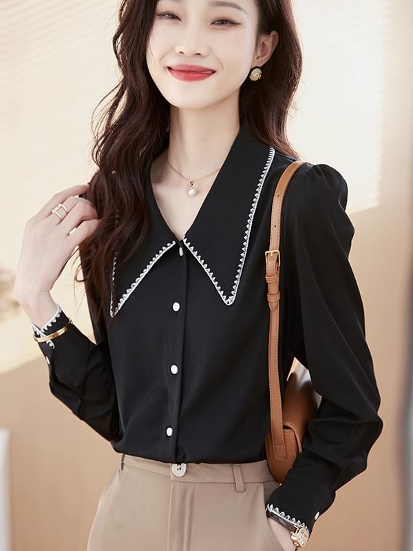 Contrast-Trim Button-Up Collared Long-Sleeved Shirt