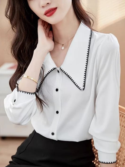 Contrast-Trim Button-Up Collared Long-Sleeved Shirt