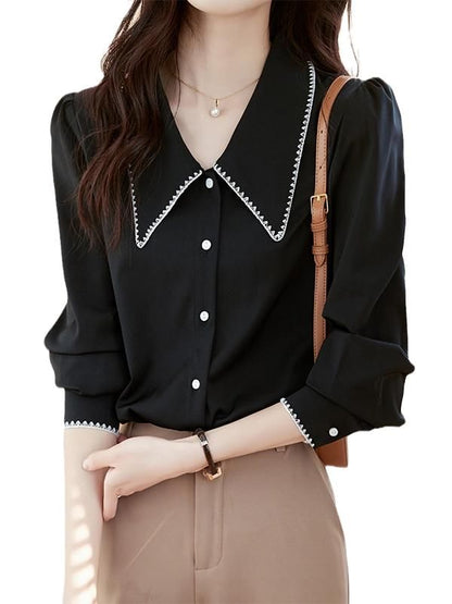 Contrast-Trim Button-Up Collared Long-Sleeved Shirt