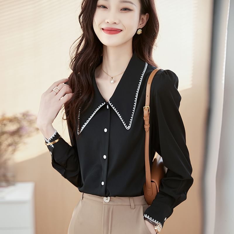 Contrast-Trim Button-Up Collared Long-Sleeved Shirt