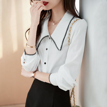 Contrast-Trim Button-Up Collared Long-Sleeved Shirt